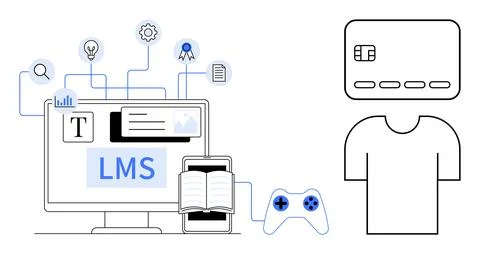 Desktop with LMS interface, open book on tablet, game controller, credit card Stock Illustration