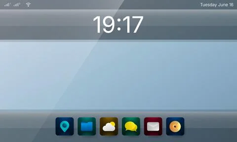 Desktop lock screen user interface with large clock and application dock Stock Illustration