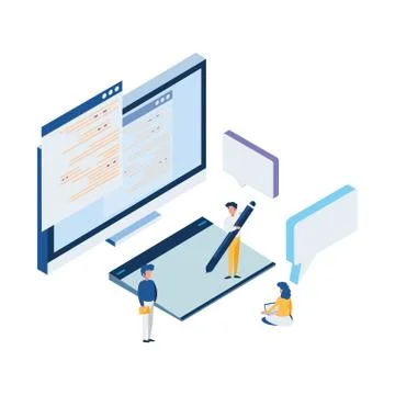 Desktop with mini people workers 스톡 일러스트