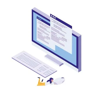Desktop with mini people workers 스톡 일러스트