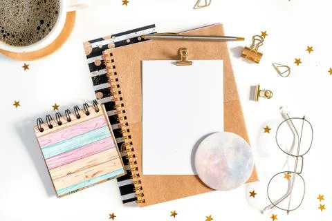 Desktop mock up planner. Flat lay of white working table background with Stock Photos