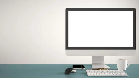 Desktop mockup, template, computer on blue pantone colored work desk with bla 스톡 일러스트