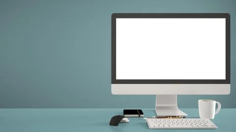 Desktop mockup, template, computer on blue work desk with blank screen, keybo Illustrazione stock