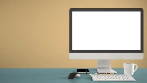 Desktop mockup, template, computer on blue work desk with blank screen, keybo Stock Illustration