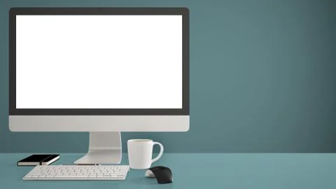 Desktop mockup, template, computer on blue work desk with blank screen, keybo Illustrazione stock