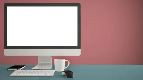 Desktop mockup, template, computer on blue work desk with blank screen, keybo Stockillustratie