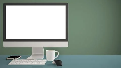 Desktop mockup, template, computer on blue work desk with blank screen, keybo Illustrazione stock