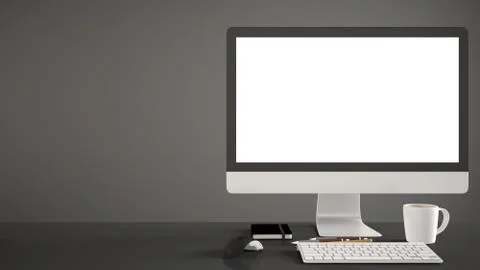 Desktop mockup, template, computer on dark work desk with blank screen, keybo Stock Illustration