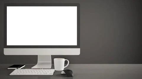 Desktop mockup, template, computer on dark work desk with blank screen, keybo Stock Illustration