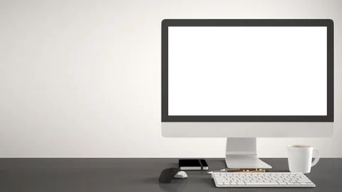 Desktop mockup, template, computer on gray work desk with blank screen, keybo Stock Illustration