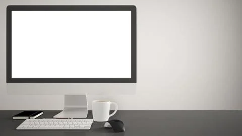 Desktop mockup, template, computer on gray work desk with blank screen, keybo Illustrazione stock