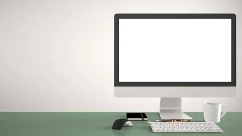 Desktop mockup, template, computer on green pantone colored work desk with bl Stock Illustration