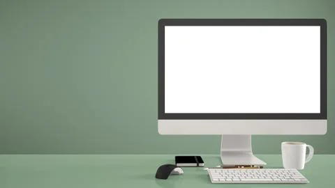 Desktop mockup, template, computer on green work desk with blank screen, keyb Stock Illustration