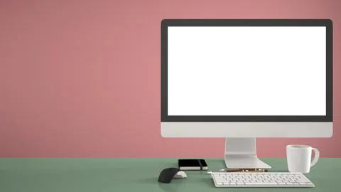 Desktop mockup, template, computer on green work desk with blank screen, keyb Illustrazione stock