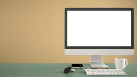 Desktop mockup, template, computer on green work desk with blank screen, keyb Illustrazione stock