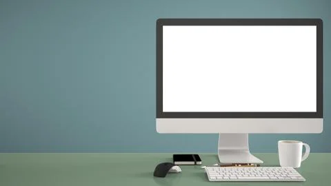 Desktop mockup, template, computer on green work desk with blank screen, keyb 스톡 일러스트