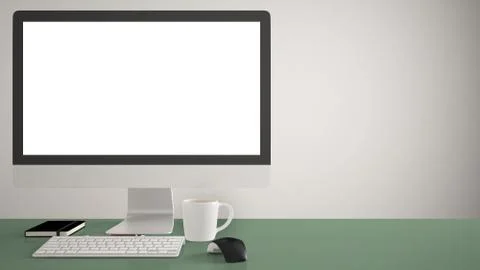 Desktop mockup, template, computer on green pantone colored work desk with bl Stock Illustration