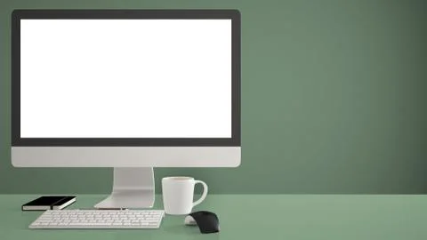 Desktop mockup, template, computer on green work desk with blank screen, keyb Stock Illustration