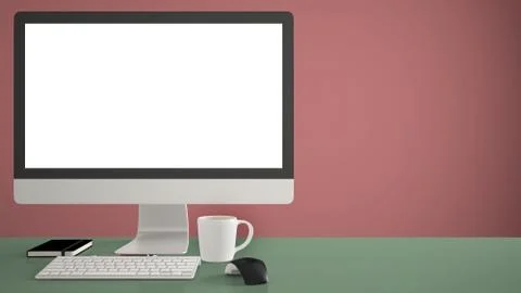 Desktop mockup, template, computer on green work desk with blank screen, keyb Illustrazione stock