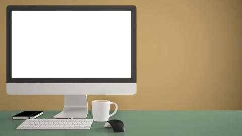 Desktop mockup, template, computer on green work desk with blank screen, keyb Illustrazione stock