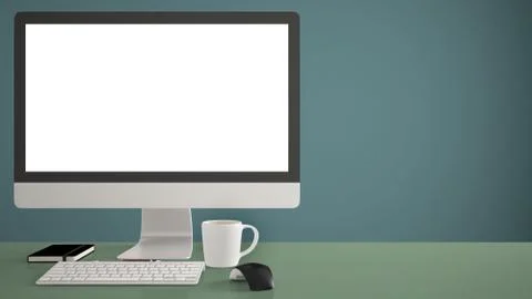 Desktop mockup, template, computer on green work desk with blank screen, keyb Stock Illustration