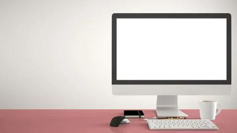 Desktop mockup, template, computer on red pantone colored work desk with blan Ilustración de archivo