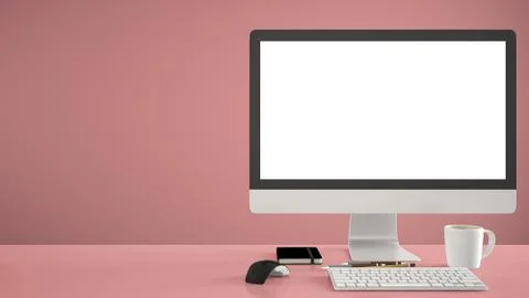 Desktop mockup, template, computer on red work desk with blank screen, keyboa Illustrazione stock
