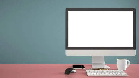 Desktop mockup, template, computer on red work desk with blank screen, keyboa Illustrazione stock