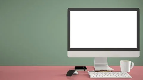 Desktop mockup, template, computer on red work desk with blank screen, keyboa Illustrazione stock