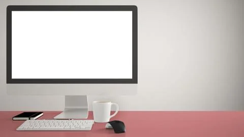 Desktop mockup, template, computer on red pantone colored work desk with blan Illustrazione stock