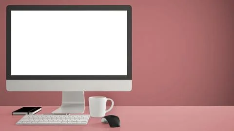 Desktop mockup, template, computer on red work desk with blank screen, keyboa Illustrazione stock