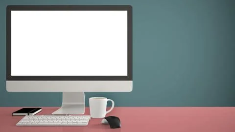 Desktop mockup, template, computer on red work desk with blank screen, keyboa Illustrazione stock