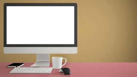Desktop mockup, template, computer on red work desk with blank screen, keyboa Illustrazione stock
