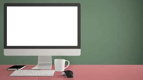 Desktop mockup, template, computer on red work desk with blank screen, keyboa Illustrazione stock