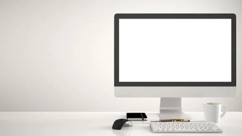 Desktop mockup, template, computer on work desk with blank screen, keyboard m Illustrazione stock