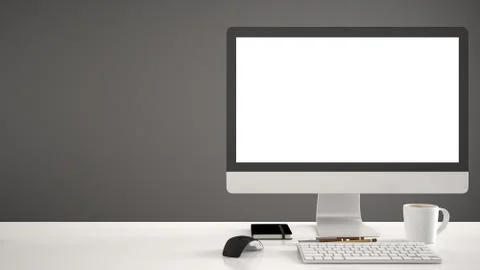 Desktop mockup, template, computer on work desk with blank screen, keyboard m Illustrazione stock