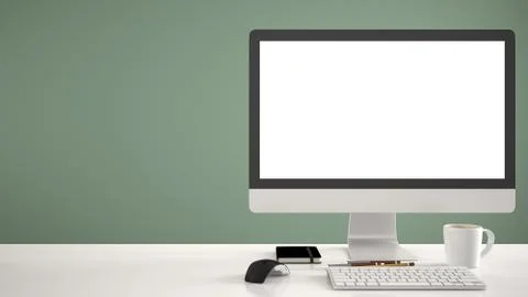 Desktop mockup, template, computer on work desk with blank screen, keyboard m Stock Illustration