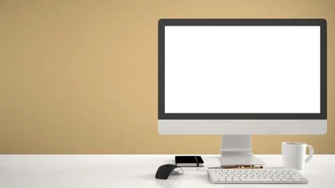 Desktop mockup, template, computer on work desk with blank screen, keyboard m Illustrazione stock