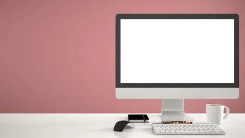 Desktop mockup, template, computer on work desk with blank screen, keyboard m Illustrazione stock