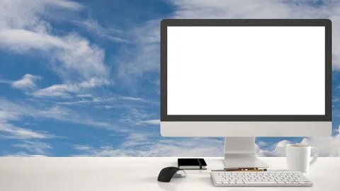 Desktop mockup, template, computer on work desk with white blank screen, keyb Illustrazione stock