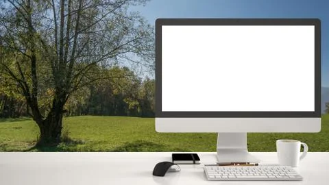 Desktop mockup, template, computer on work desk with white blank screen, keyb Illustrazione stock