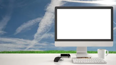 Desktop mockup, template, computer on work desk with white blank screen, keyb Illustrazione stock