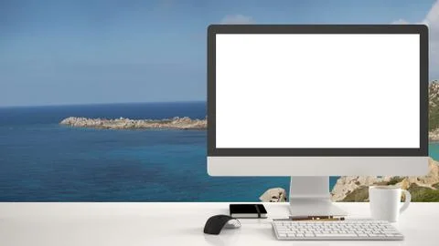 Desktop mockup, template, computer on work desk with white blank screen, keyb 스톡 일러스트