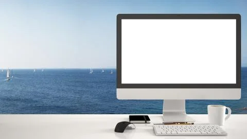 Desktop mockup, template, computer on work desk with white blank screen, keyb Stock Illustration