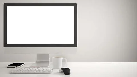 Desktop mockup, template, computer on work desk with blank screen, keyboard m Stock Illustration