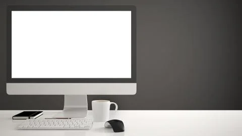Desktop mockup, template, computer on work desk with blank screen, keyboard m Stock Illustration