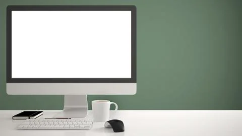 Desktop mockup, template, computer on work desk with blank screen, keyboard m Stock Illustration