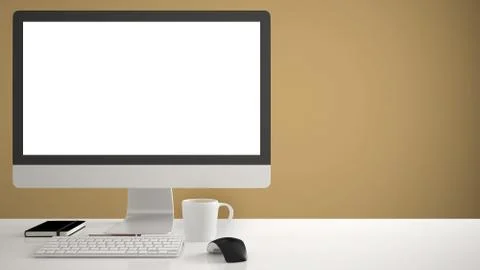 Desktop mockup, template, computer on work desk with blank screen, keyboard m Stock Illustration