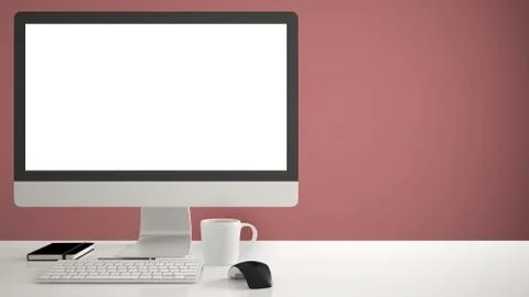 Desktop mockup, template, computer on work desk with blank screen, keyboard m Stock Illustration