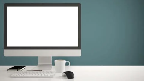 Desktop mockup, template, computer on work desk with blank screen, keyboard m Illustrazione stock